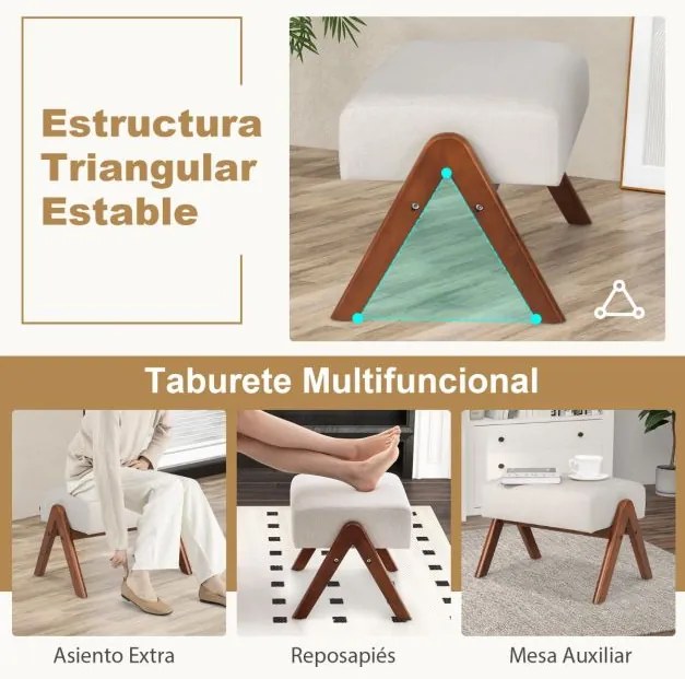 Cadeira de baloiço em madeira estofada com encosto acolchoado, assento almofadado e bolso lateral com apoio para os pés bege
