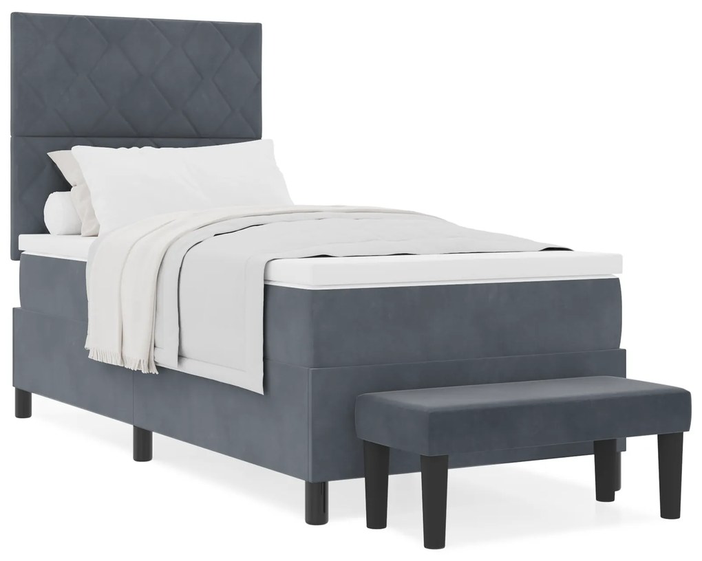 Cama Box Spring com Colchão e Banco Cinza Escura 90x190 cm Veludo
