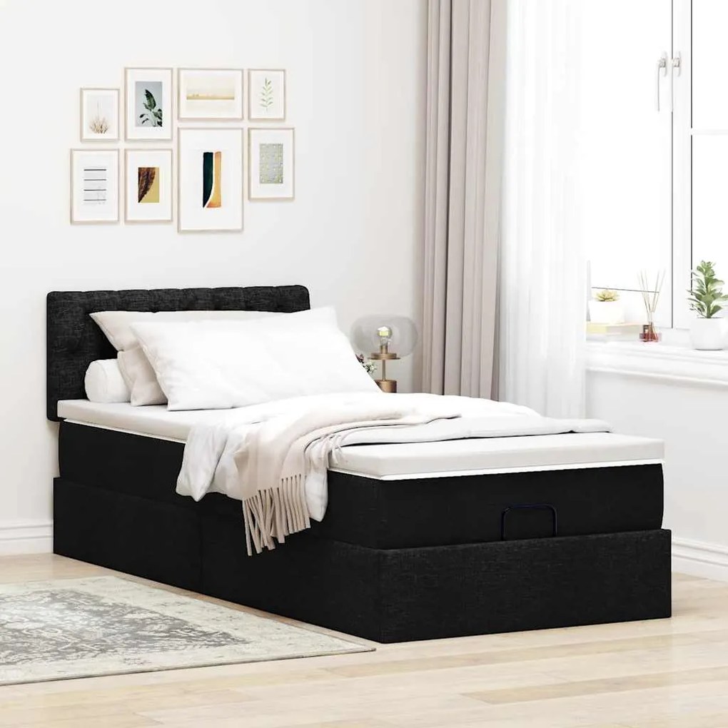 Estrutura de cama otomana com colchão preto tecido
