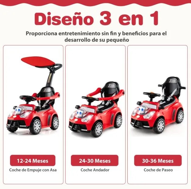 Andarilho crianças forma carro 3 em 1 Carro deslizante com guiador, buzina, música, luz e cinto de segurança Vermelho