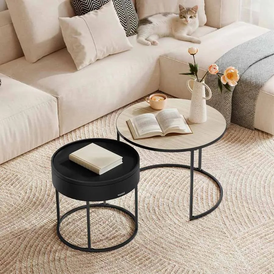 Conjunto de 2 mesas de centro redondas Bege natural + Preto