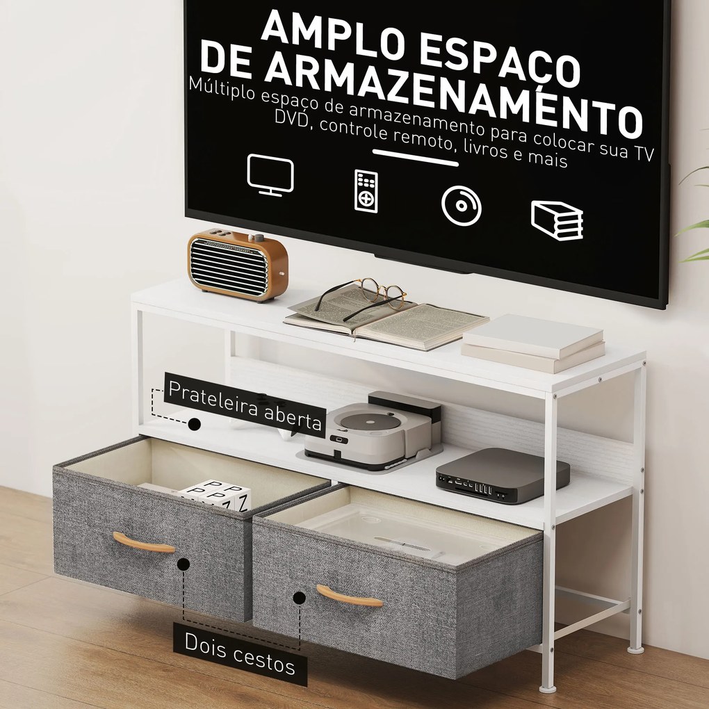 Móvel de TV com Prateleira e 2 Gavetas de Tecido Dobráveis para Televisores até 47 Polegadas 98x29x56 cm Branco e Cinza