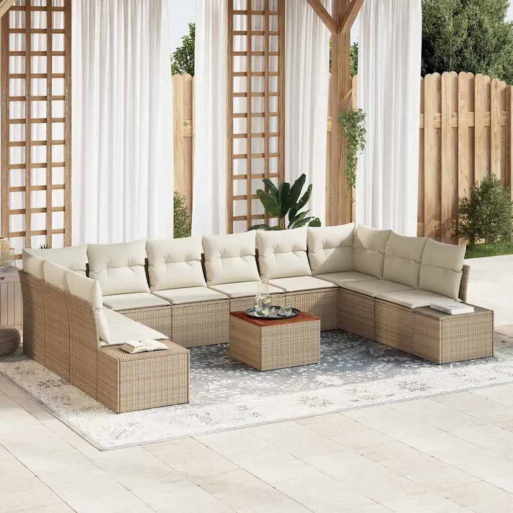 vidaXL Conjunto de Sofá de Jardim com 11 peças e almofadas bege em rattan sintético e acácia
