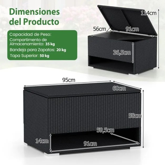 Caixa de armazenamento exterior de rattan com sapateira 95 x 60 x 58 cm com Forro protetor impermeável para Almofadas, terraço Varanda Preto