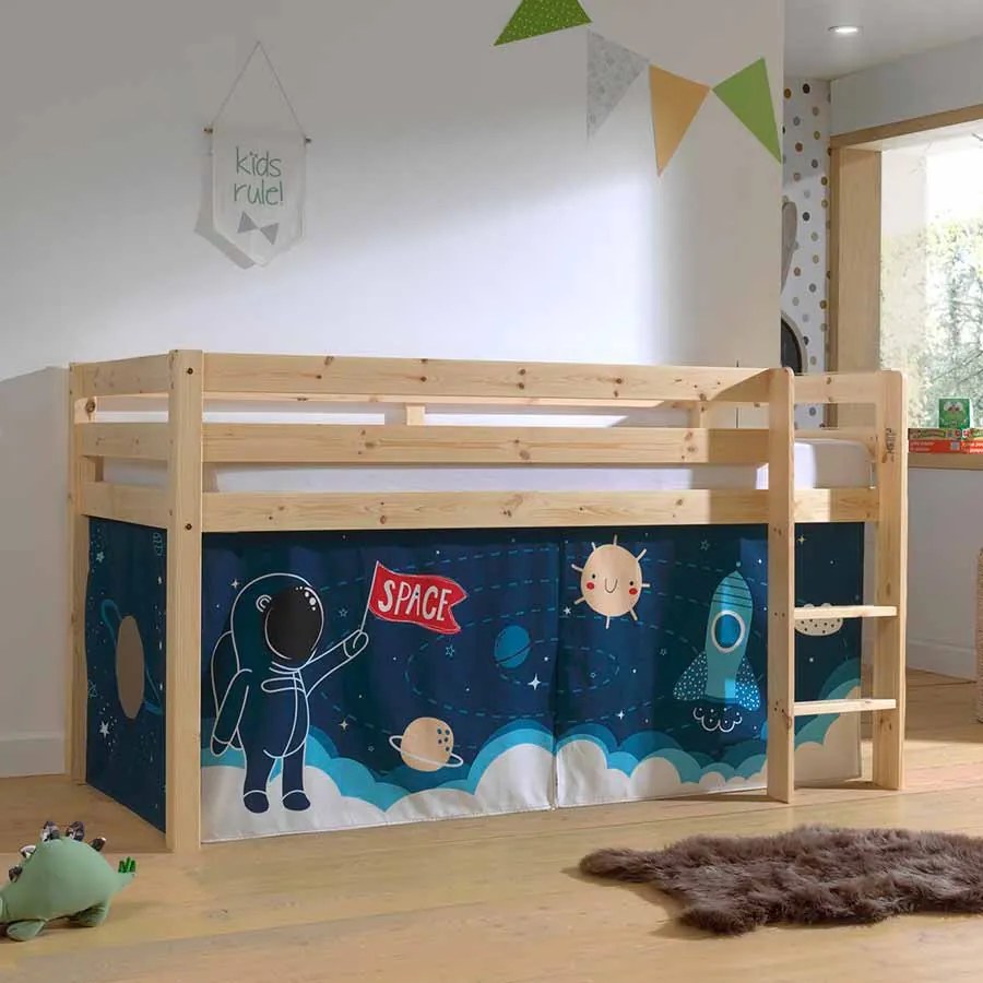 Cama alta de Criança PINO 90 x 200 cm + estrado + escada + cortina Espaço Natural