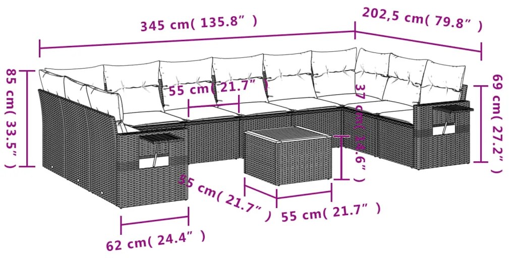 11 pcs conj. sofás jardim c/ almofadões vime PE bege misturado