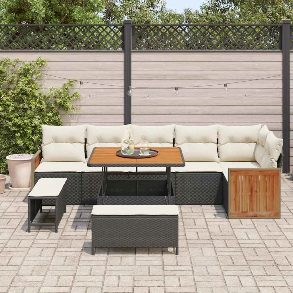 Conjunto de Sofá de Jardim VidaXL com Almofadas Preto Polirattan Acáci