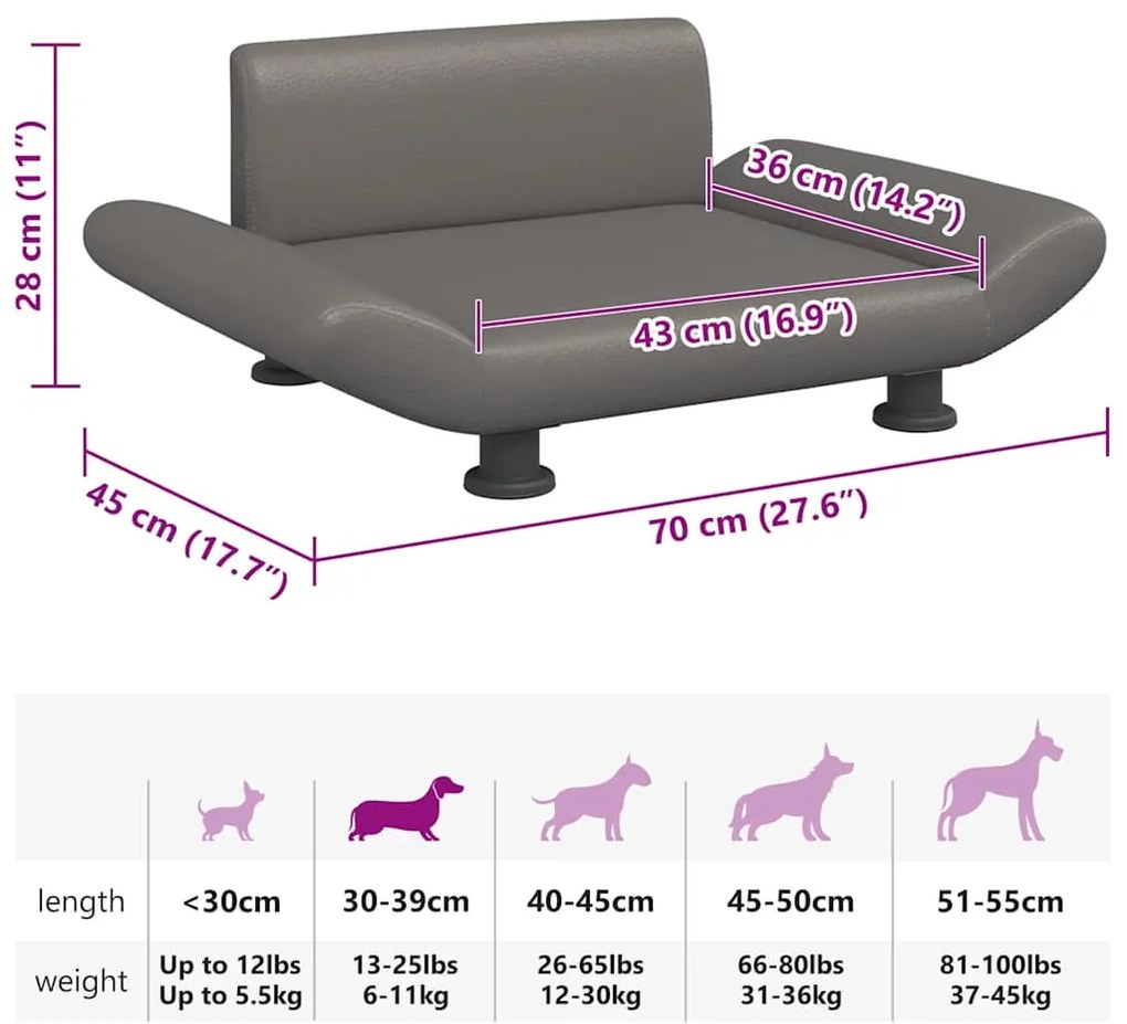 Cama para cães 70x45x28 cm couro artificial cinzento
