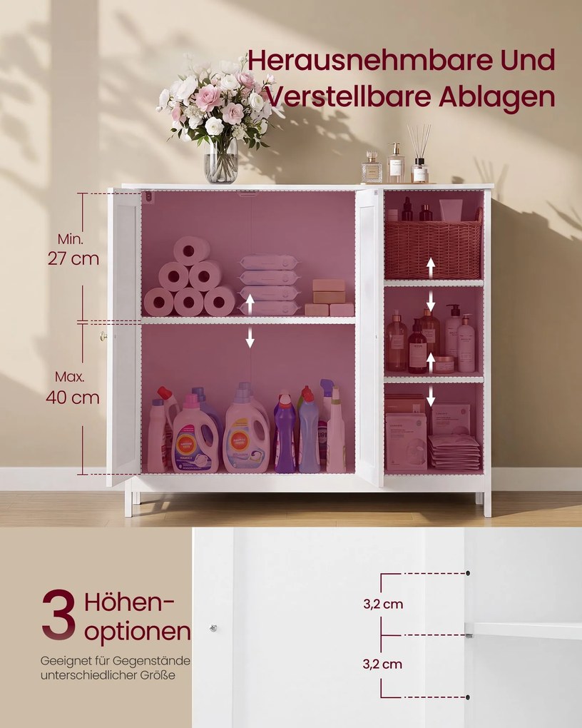 Armário de casa de banho 90 x 30 x 80 cm com 2 portas e compartimentos abertos, Branco