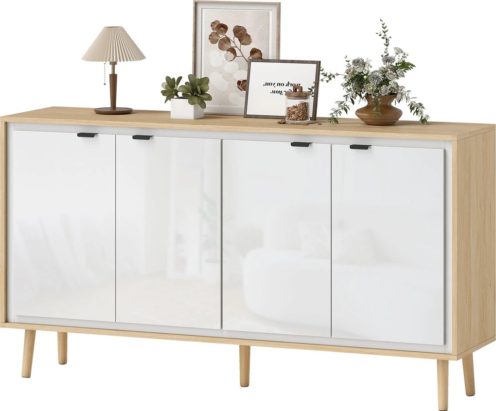 Aparador, móvel de arrumação com 4 portas 141 x 35 x 77 cm, prateleiras ajustáveis, branco e cor carvalho