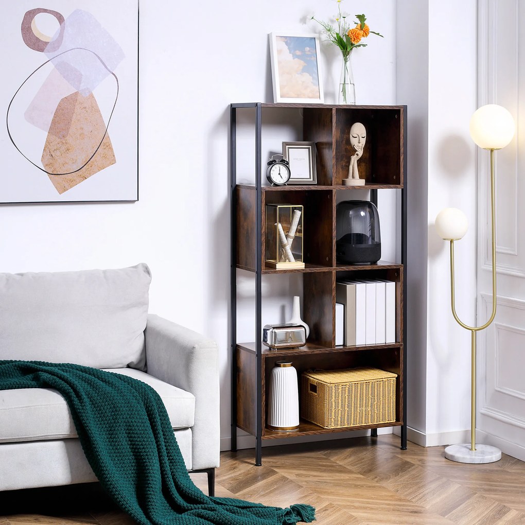HOMCOM Estante Estilo Industrial de 4 Níveis Estante de Madeira com 7 Compartimentos para Sala de Estar Escritório Estúdio Anti-Tombo 74x30x155cm Marrom Rústico