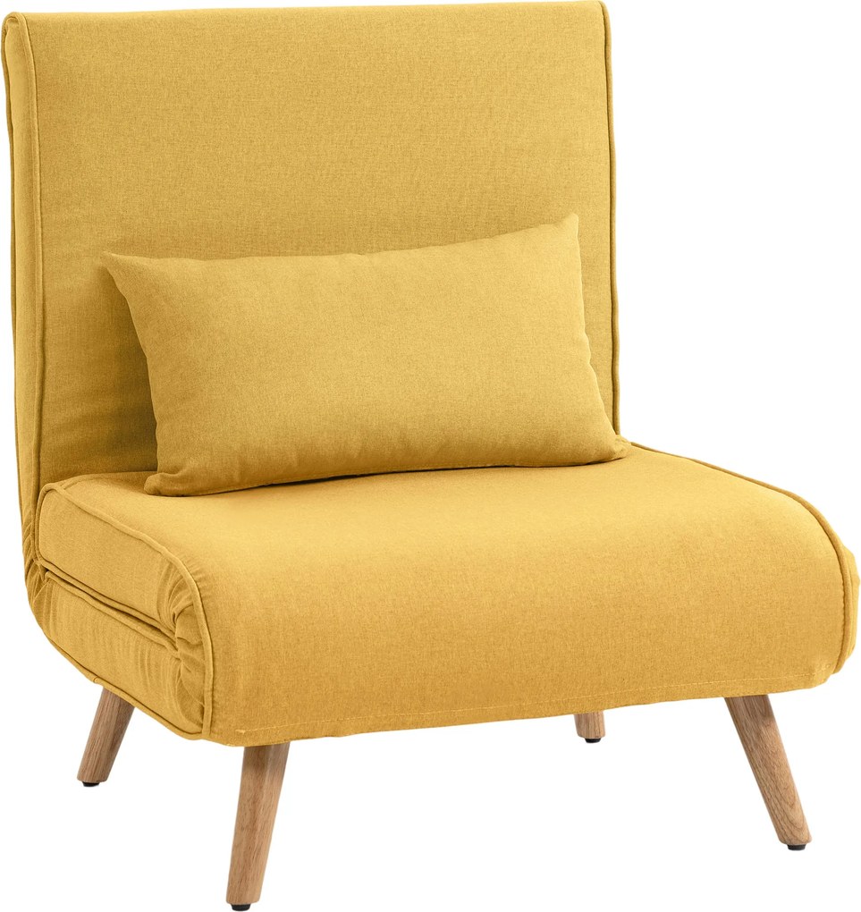 Sofá-Cama Individual Dobrável com Encosto Ajustável em 5 Posições, Sofá-Cama Estofado com Almofada 72x75x85 cm Amarelo