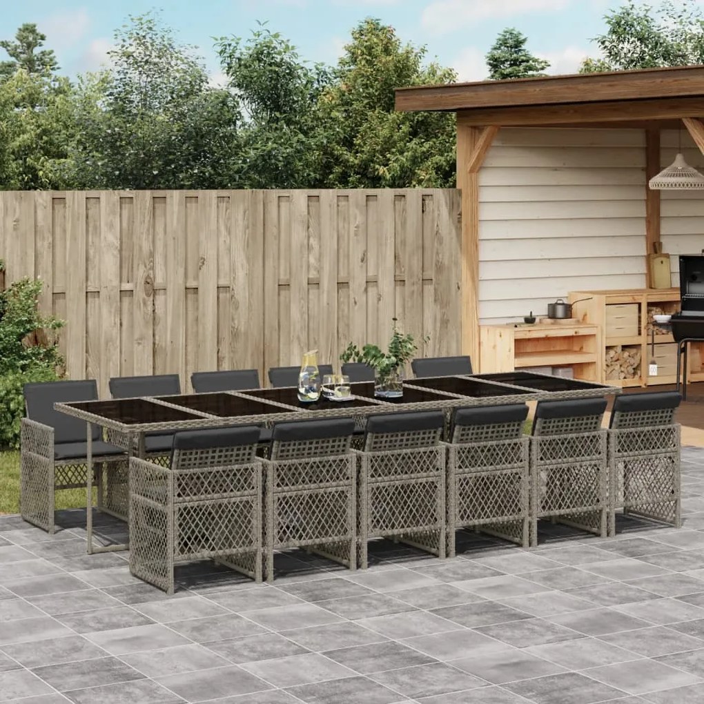 vidaXL 13 pcs conjunto jantar p/ jardim c/ almofadões vime PE cinzento