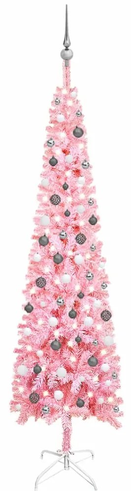 3078110 vidaXL Árvore de Natal fina com luzes LED e bolas 240 cm cor-de-rosa