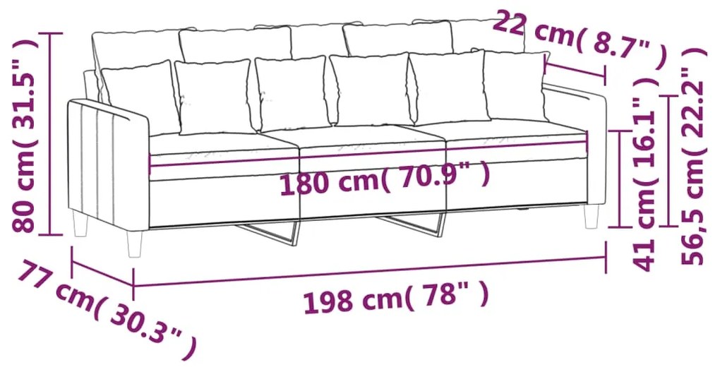 Sofá de 3 lugares 180 cm veludo rosa