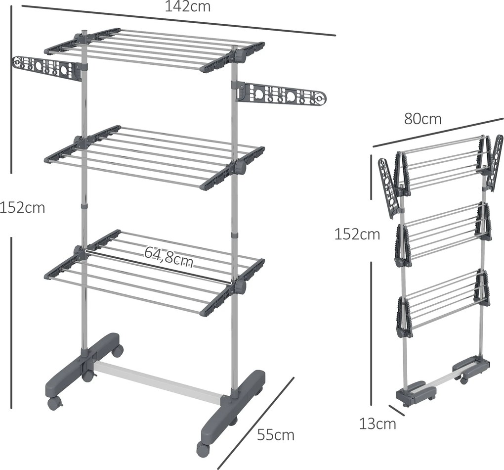 Estendal de roupa dobrável com abas laterais, para uso interior e exterior, 3 níveis, 142 x 55 x 152 cm, cinzento