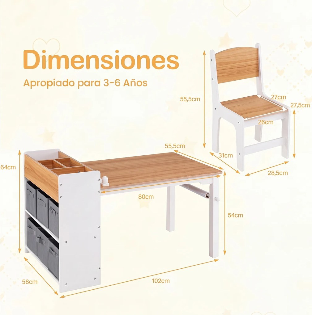 Conjunto de Mesa de Desenho Infantil e 2 Cadeiras, 102 x 58 x 64 cm, Arrumação Integrada, Madeira