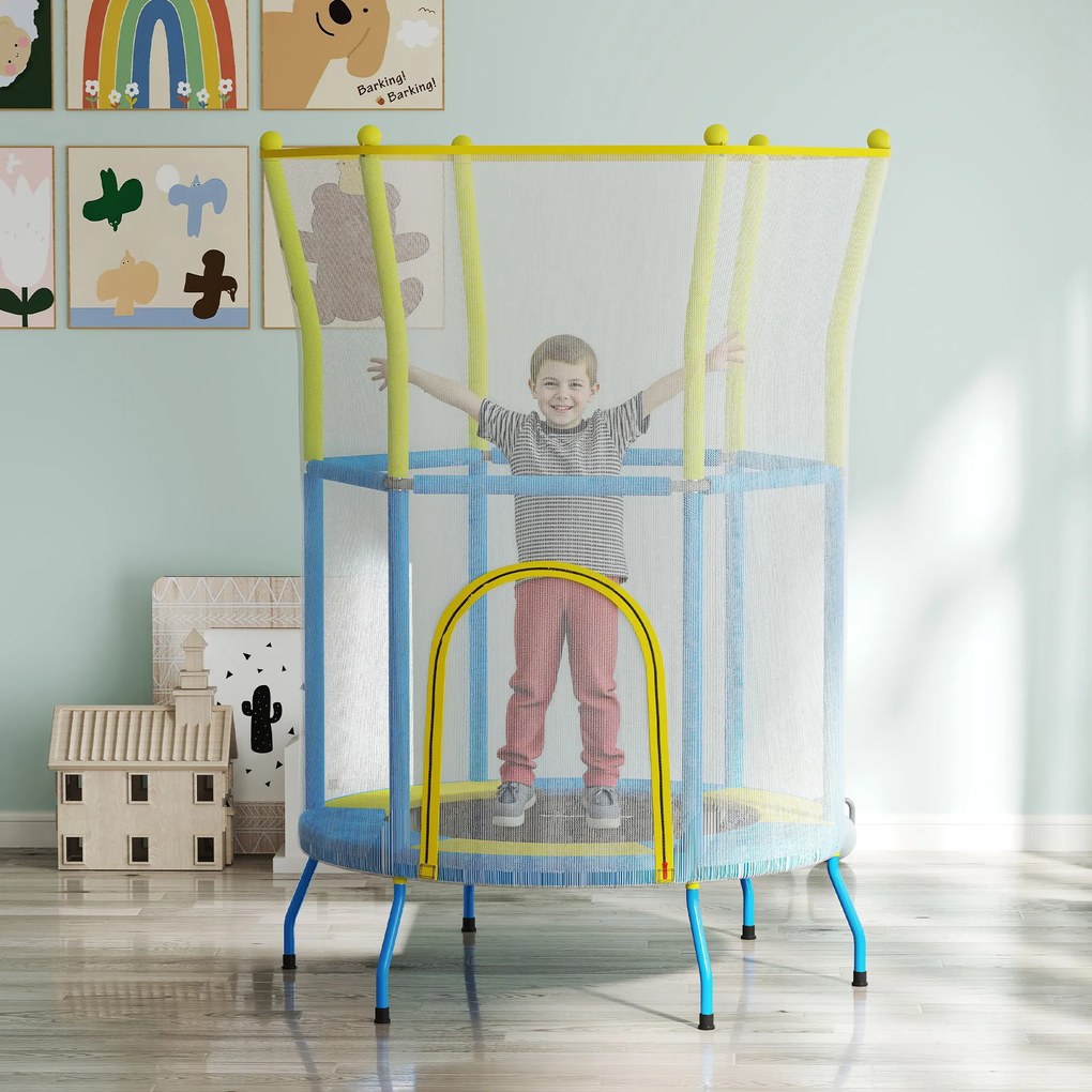 Trampolim para Crianças Ø140x190 cm com Rede de Segurança Barras Acolchoadas Carga 45 kg para Interior Multicolor
