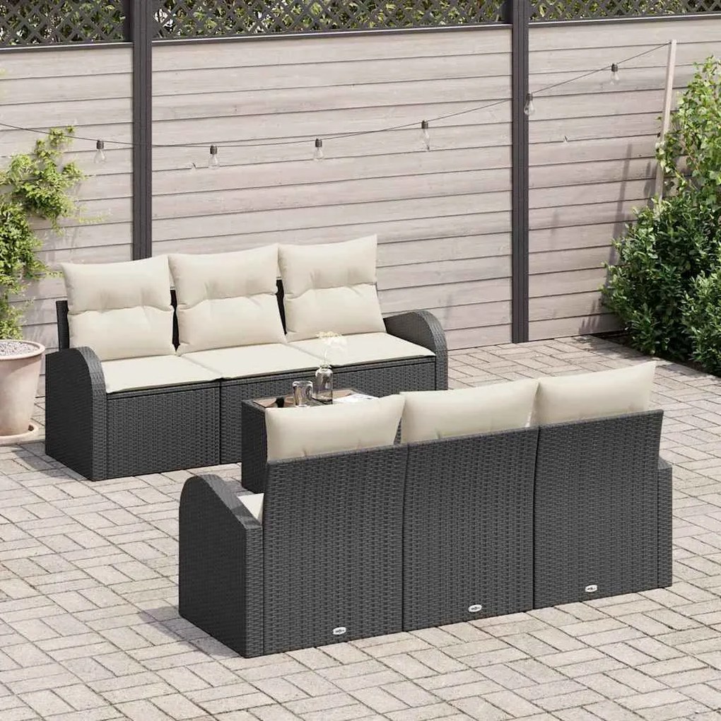 vidaXL Sofá para Jardim 7 Peças com Almofadas Pretas de Rattan
