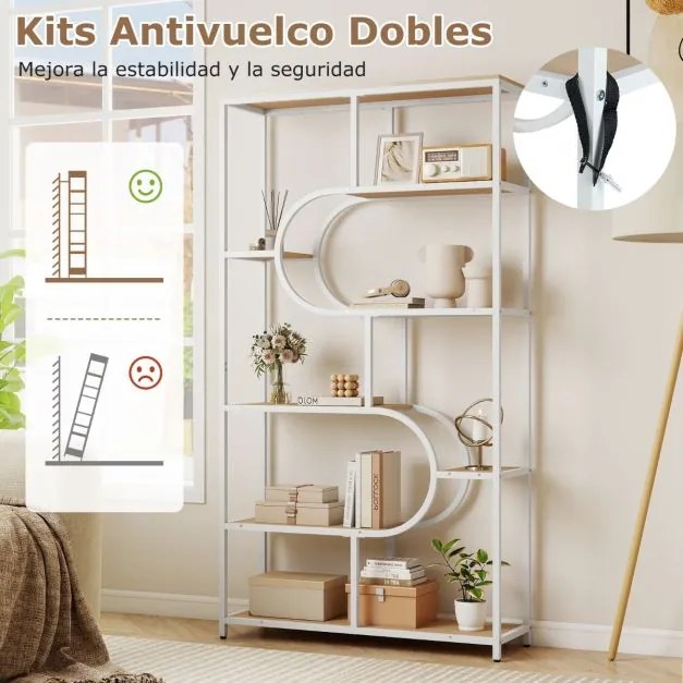 Estante de 8 prateleiras abertas 95 x 30 x 175 cm Design em forma de U Estrutura metálica natural e branco