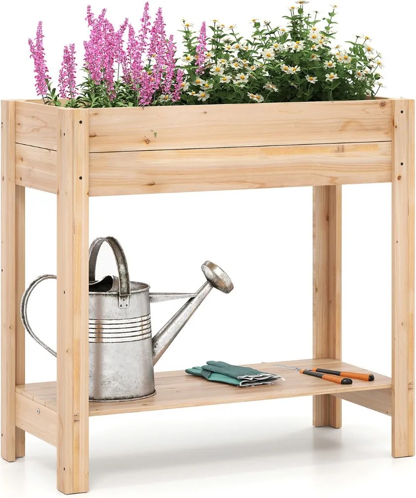 Floreira de jardim elevada em madeira 81 x 38 x 77 cm com pés com prateleira de arrumação Drenagem Jardinagem interior e exterior Madeira
