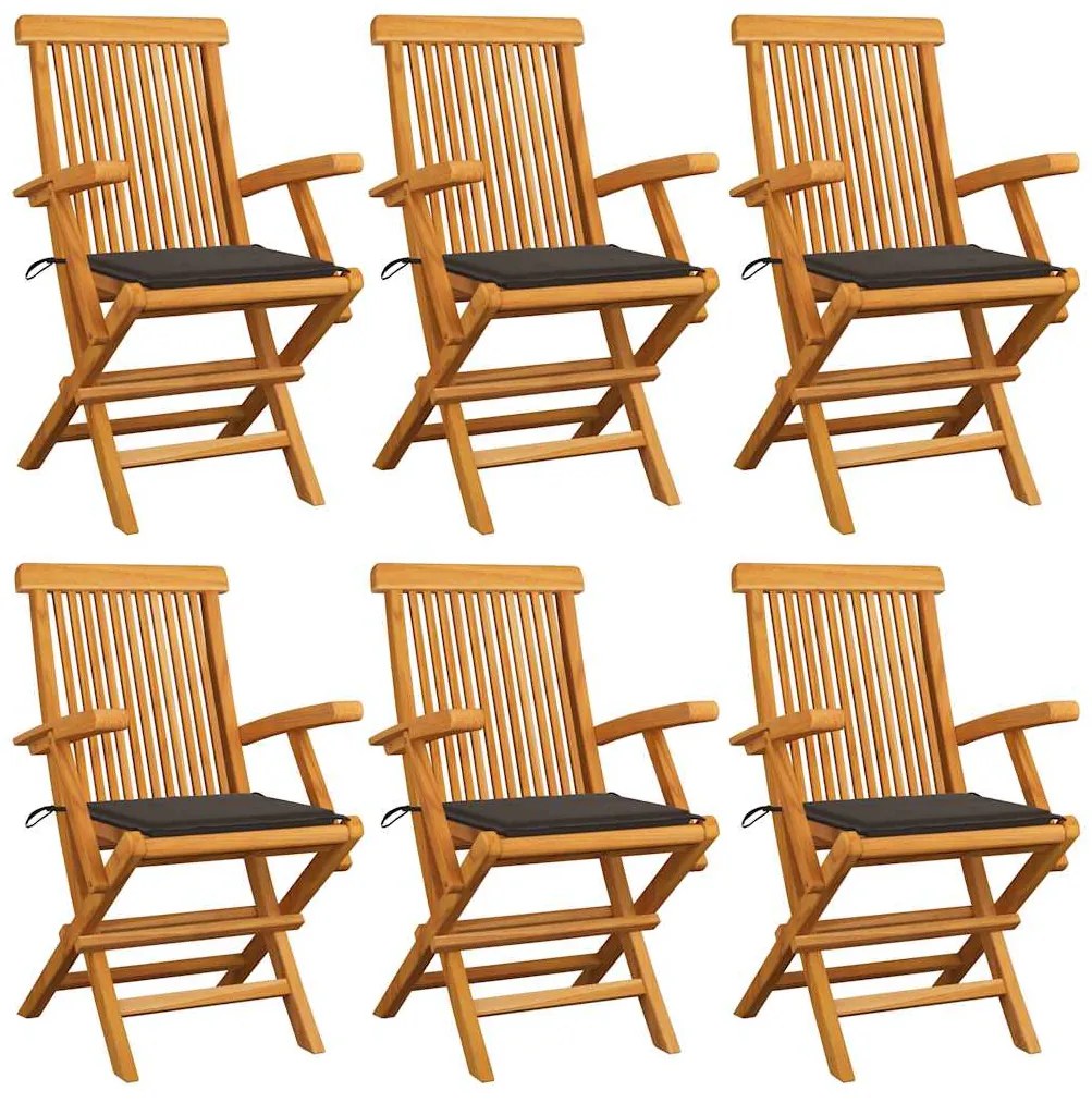 vidaXL Cadeiras de jardim c/ almofadões cinza-acast. 6 pcs teca maciça