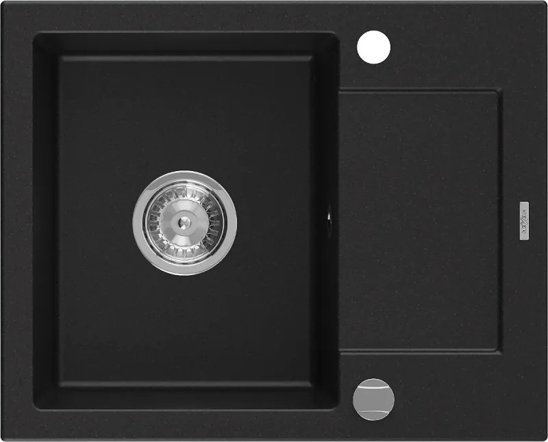 Mexen Enzo lava-loiça granítico de 1 bacia com escorredor 576 x 465 mm, preto, sifão cromado - 6506571005-77