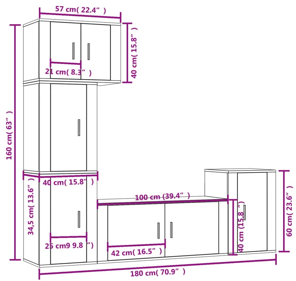 5 pcs conjunto móveis de TV madeira processada branco brilhante