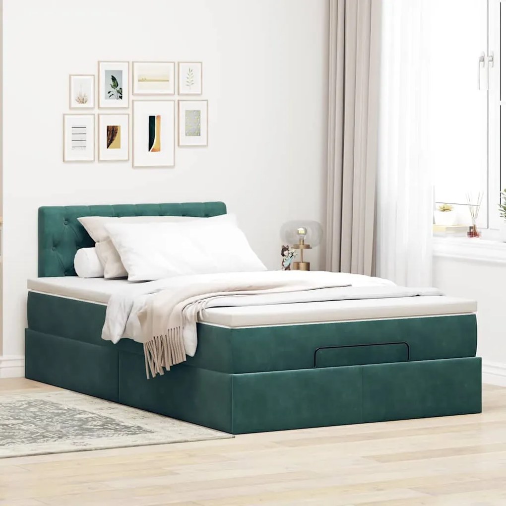 Estrutura de cama otomana com colchão verde escuro veludo