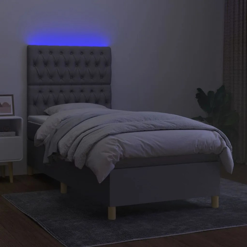 Cama box spring c/ colchão e LED 80x200 cm tecido cinza-claro