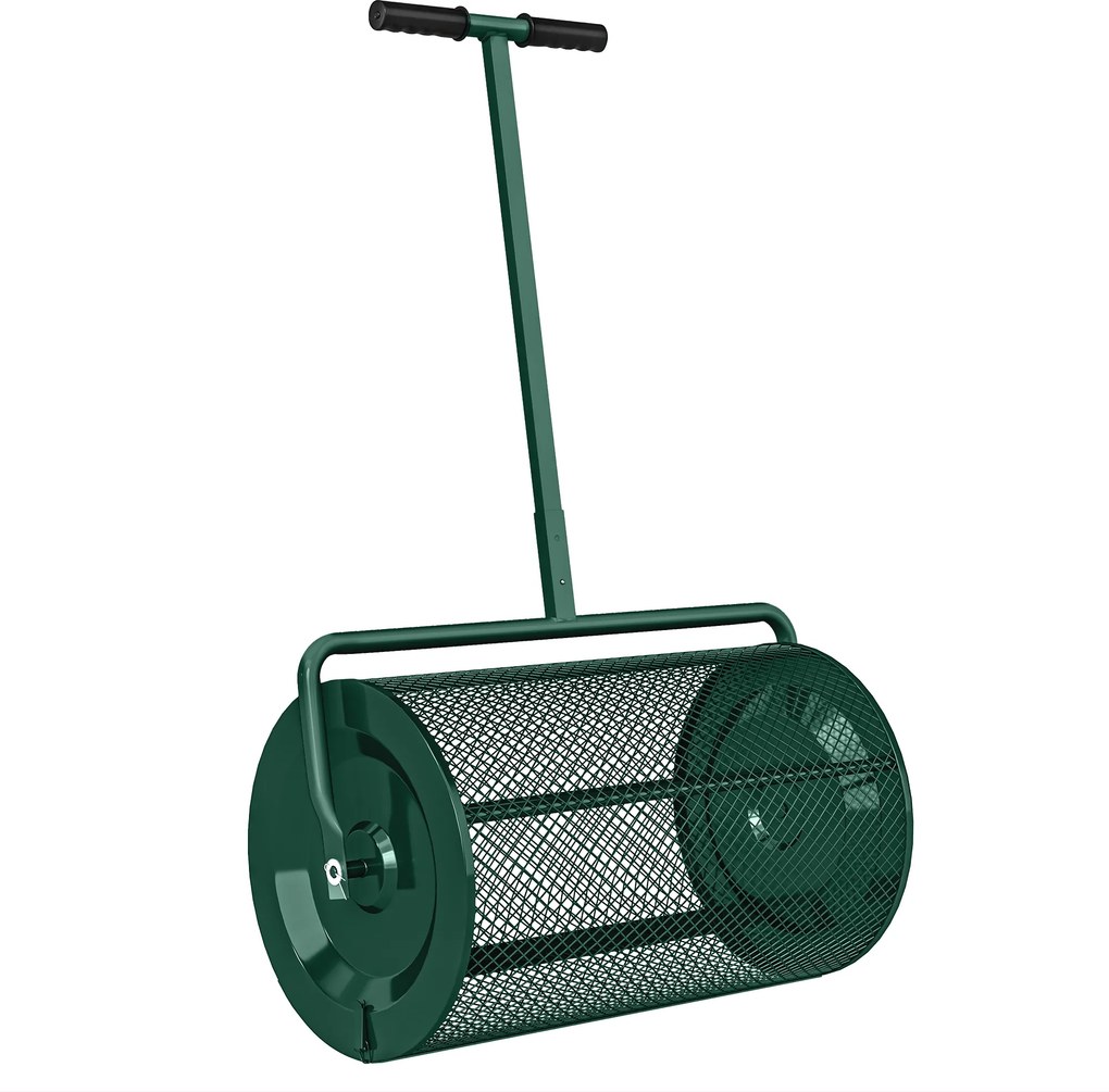 Outsunny Espalhador de Composto 75 L 61x40cm Espalhador de Adubo para Relva e Jardim com Pega em T, Cesto de Malha, Metal, Verde | Aosom Portugal