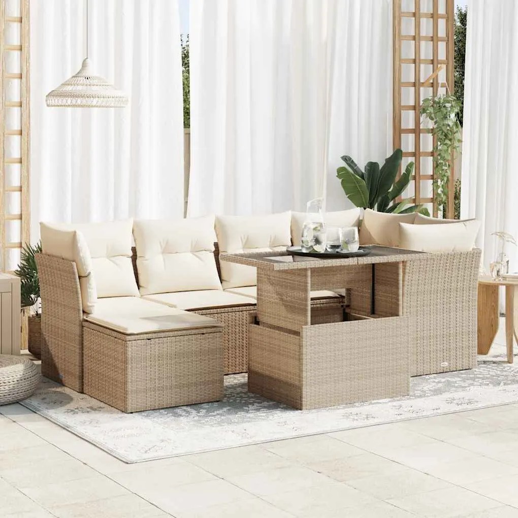 vidaXL 7 pcs conjunto de sofás p/ jardim com almofadões vime PE bege
