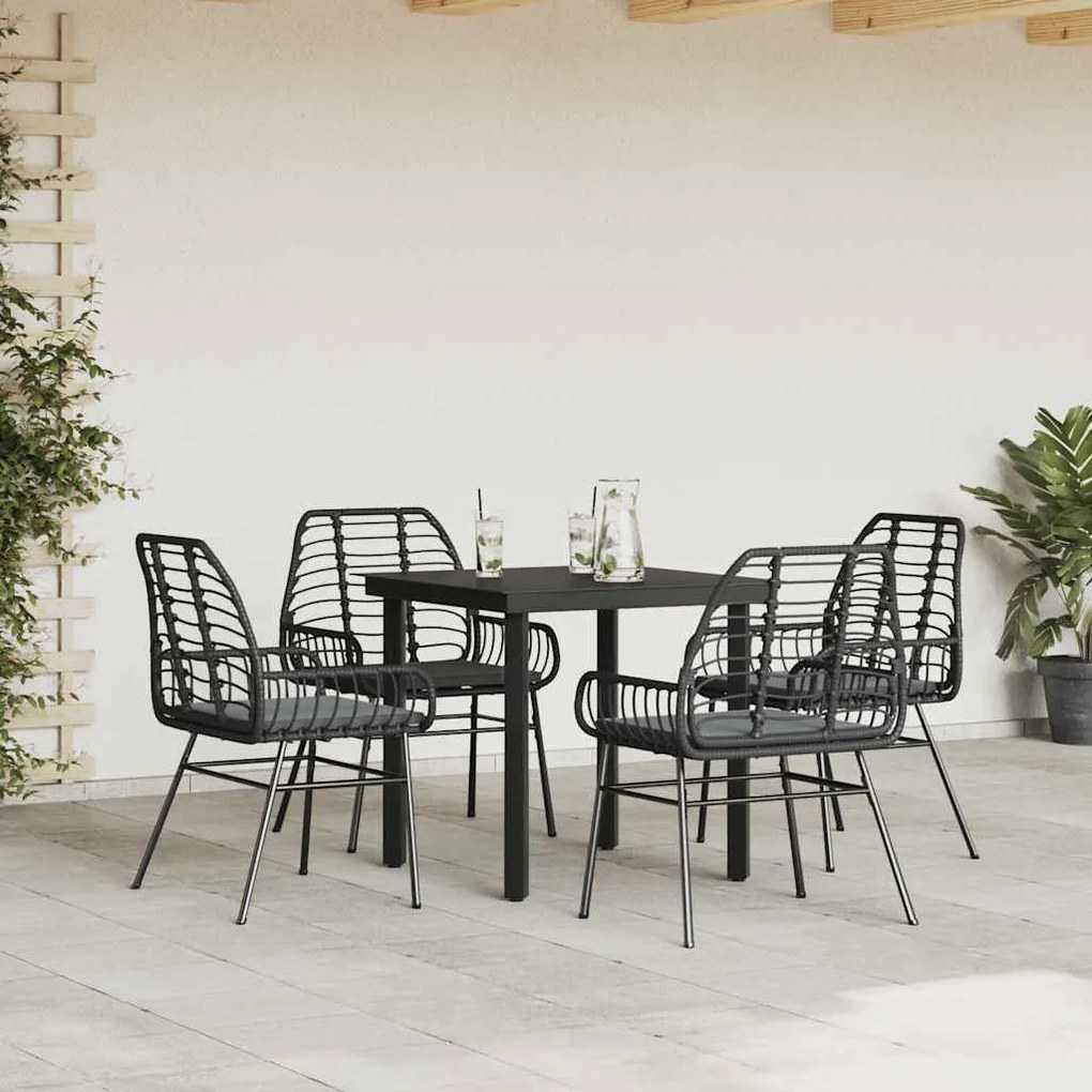 Conjunto de jantar jardim 5 peças almofadas vidro vime PE preto