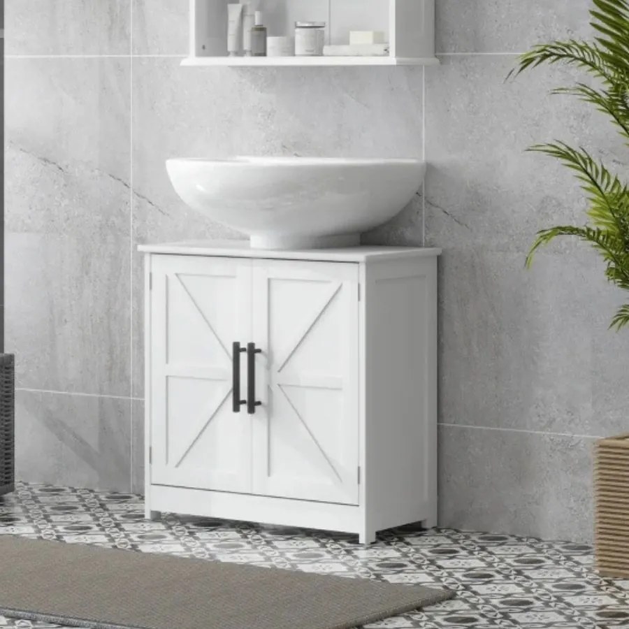 Móvel casa banho para lavatório (NÃO INCLUIDO) 60 x 30 x 60 cm, com 2 portas magnéticas em estilo rústico e prateleiras, branco