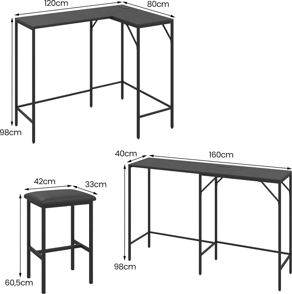 Conjunto de Mesa de Bar e 2 Cadeiras, 120 x 80 x 98 cm, Estação de Carregamento Integrada, Preto
