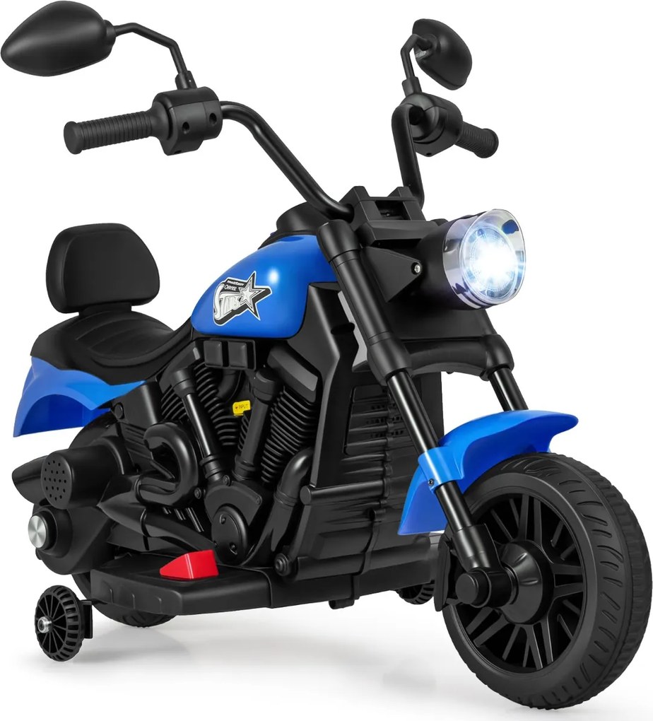 Mota elétrica infantil de 6 V com farol LED, música, 2 rodas, pedais de treino e espelhos retrovisores – a partir dos 18 meses – Preto + Azul