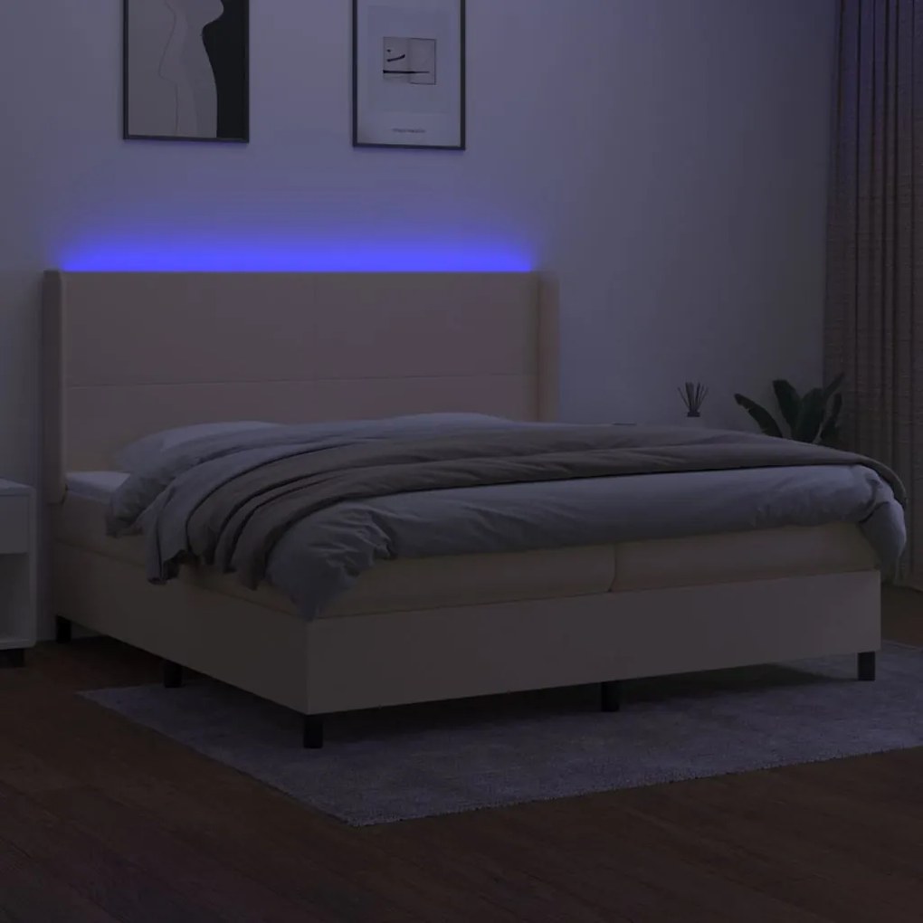 Cama box spring c/ colchão e LED 200x200 cm tecido cor creme