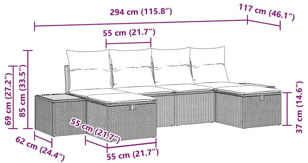 Conjunto de sofá de jardim com 6 peças e almofadas pretas em rattan si