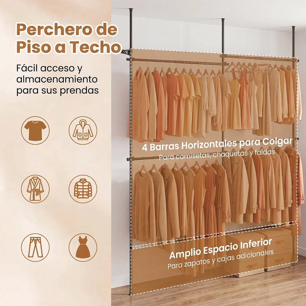 Cabideiro de Pé Modular 139-244 x 110-315 cm, Altura e Comprimento Reguláveis, Preto