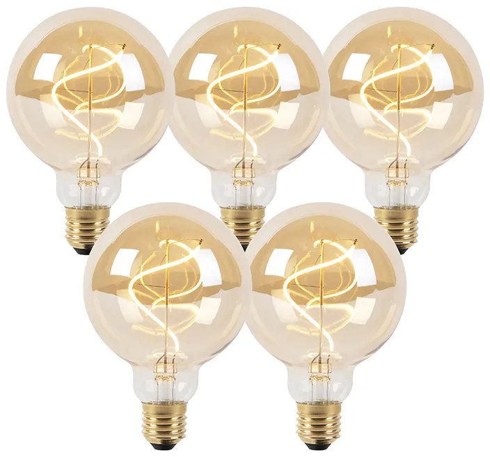 Conjunto de 5 lâmpadas LED E27 reguláveis em espiral G95 dourado 4W 270lm 2100K
