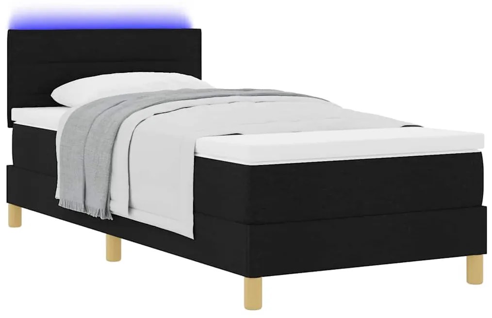 Cama Box Spring com Colchão &amp; LED Preta 90x190 cm Tecido