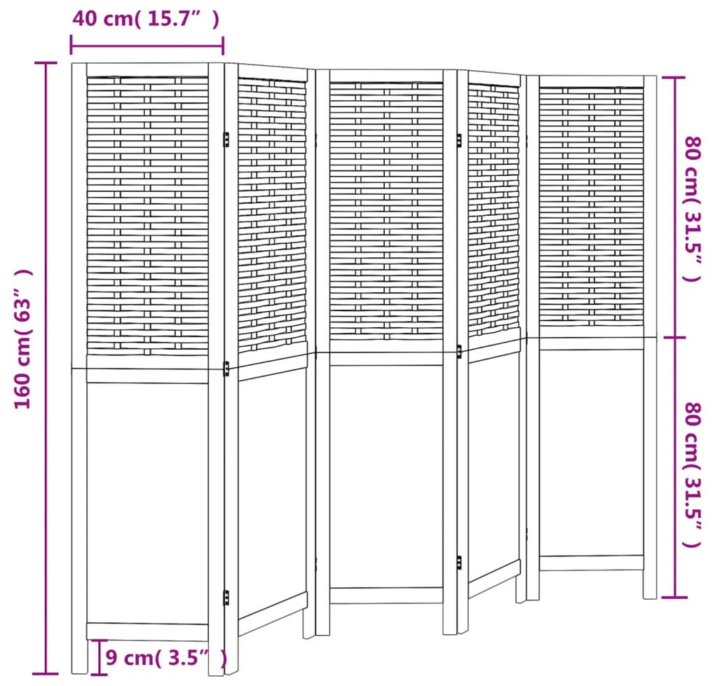 Biombo c/ 5 painéis madeira de paulownia maciça castanho-escuro