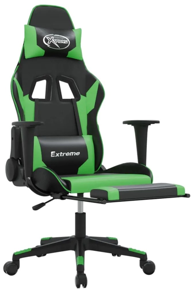 Cadeira gaming massagens c/ apoio pés couro artif. preto/verde