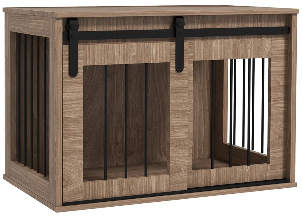 PawHut Gaiola para Cães 2 em 1 Gaiola com Efeito Madeira e Porta Deslizante 80x54x57 cm Cor Nogueira e Preto | Aosom Portugal