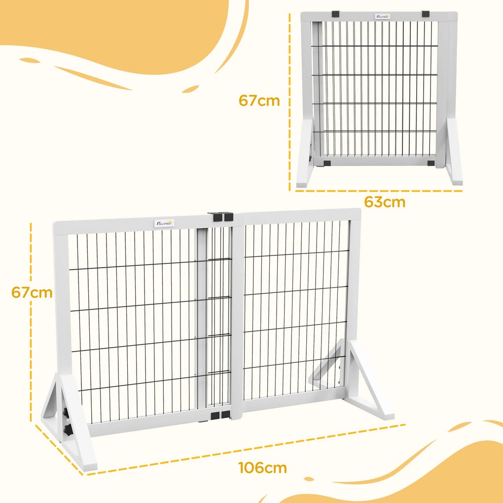 Barreira de segurança para cães 63-106 (C) x 44 (L) x 67 (A) cm barreira de proteção com 2 painéis, largura ajustável de 63 a 106 cm, em madeira e aço