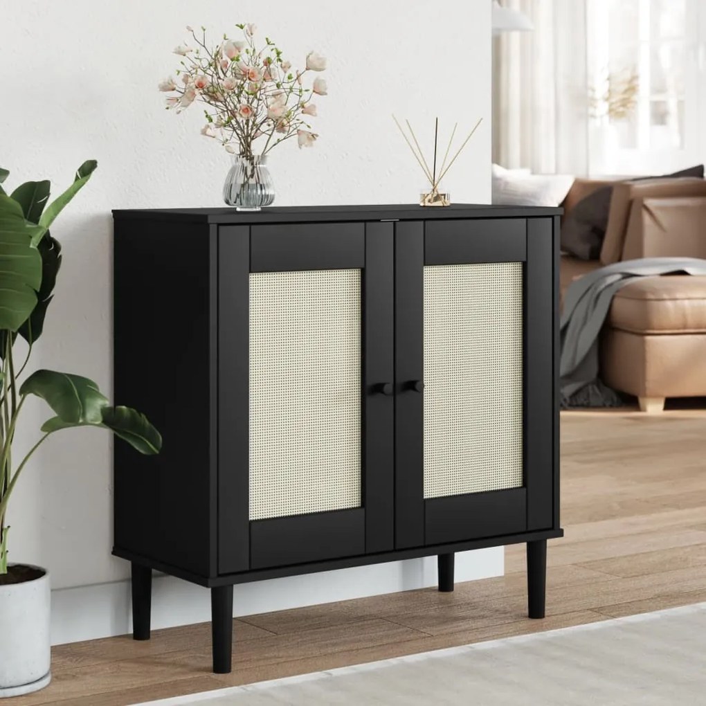 vidaXL Aparador SENJA aspeto de vime 80x35x80 cm pinho maciço preto