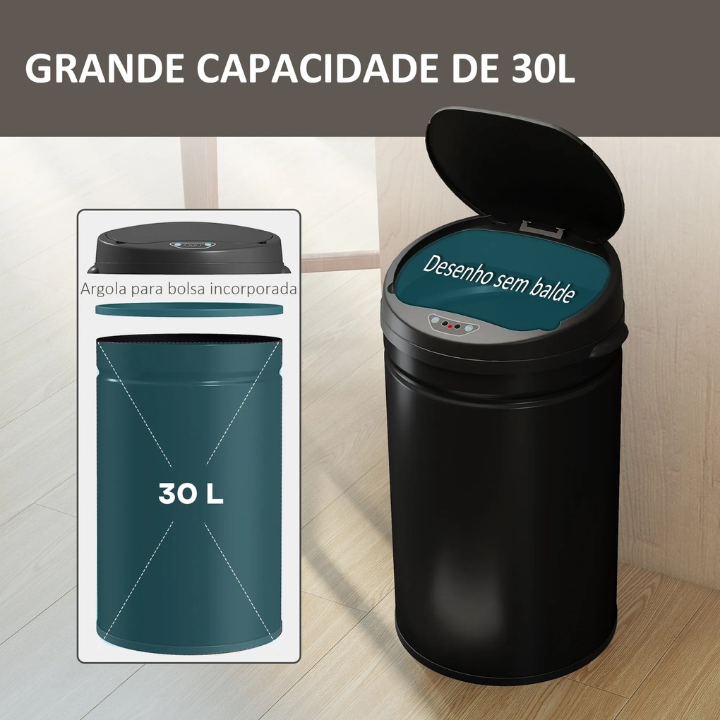Balde de Lixo de Cozinha Automático 30 L em Aço Inoxidável Sensor Infravermelhos Fecho Automático 32x30,5x51 cm Preto