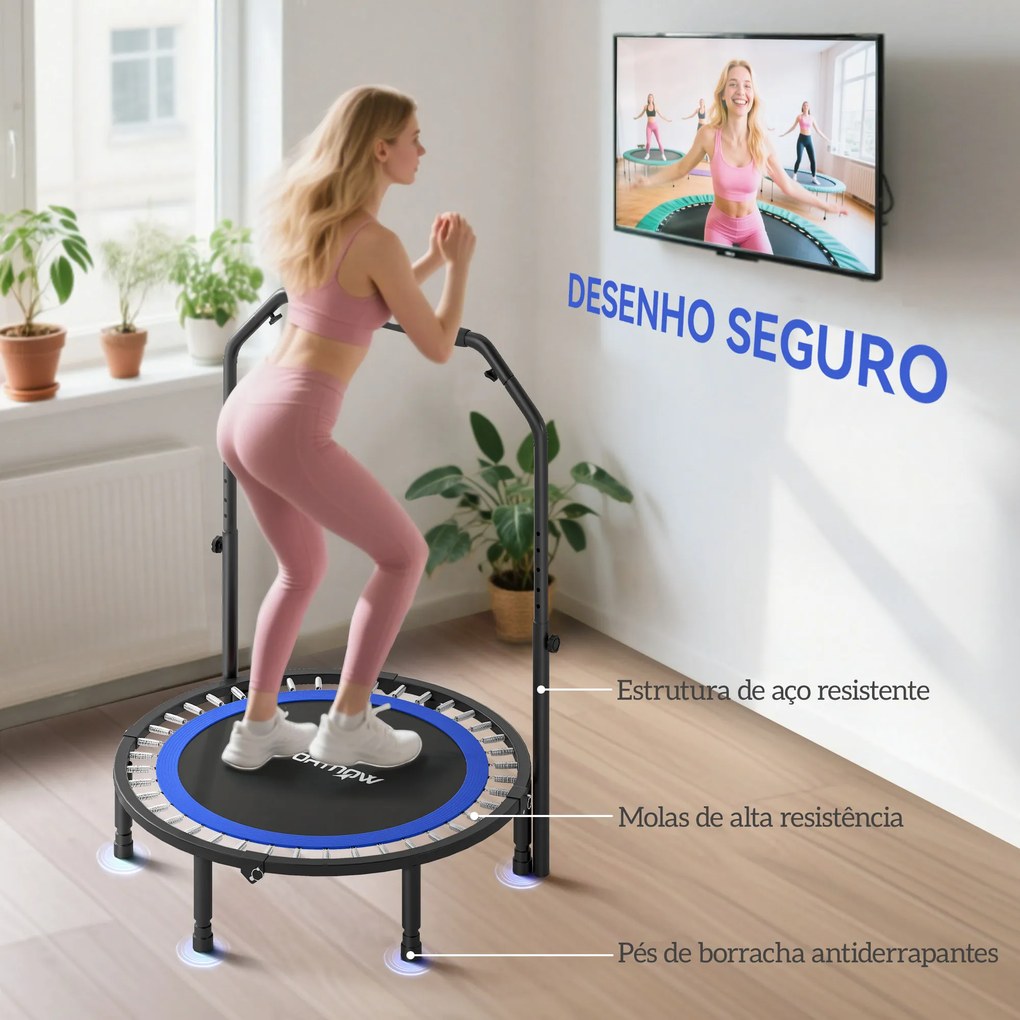 Trampolim de Fitness Ø102 cm Dobrável com Guiador Ajustável de 4 Níveis e Bandas para Treino de Pernas e Corpo Azul