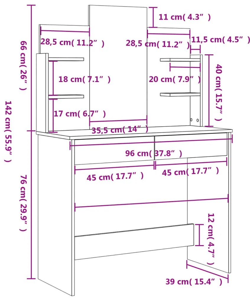 Toucador com espelho 96x39x142 cm cor cinzento sonoma