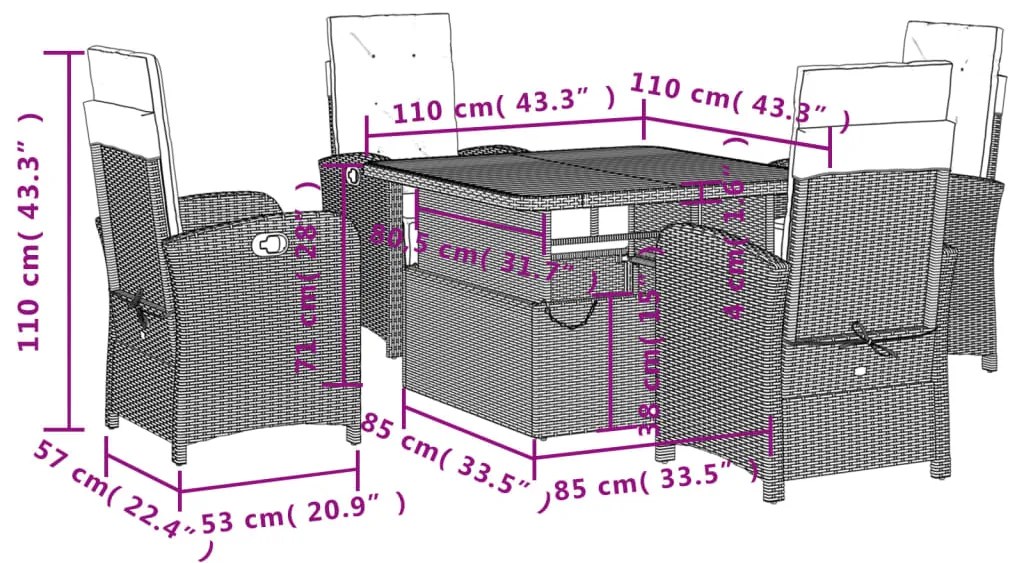 5 pcs conjunto de jantar p/ jardim c/ almofadões vime PE cinza